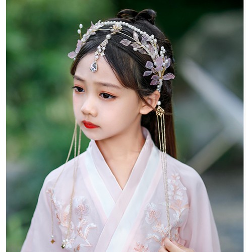 Girls Hanfu fairy dress Headdress crown Hairbands princess cosplay Costume Hair Accessories Antiquity Photographs Fringed hair accessory for kids